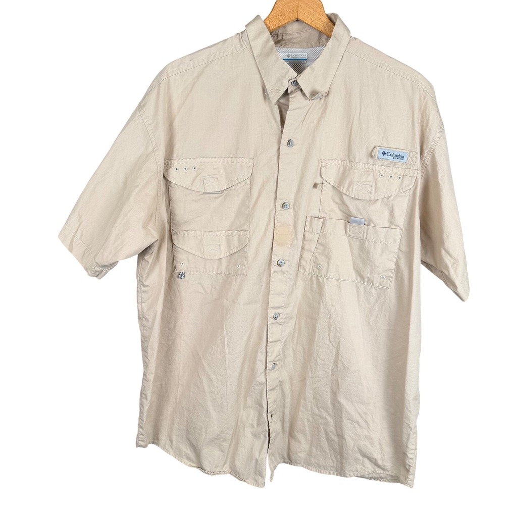Columbia PFG Men Large Tan Khaki Short Sleeve Fishing Shirt Ventilated Button Up